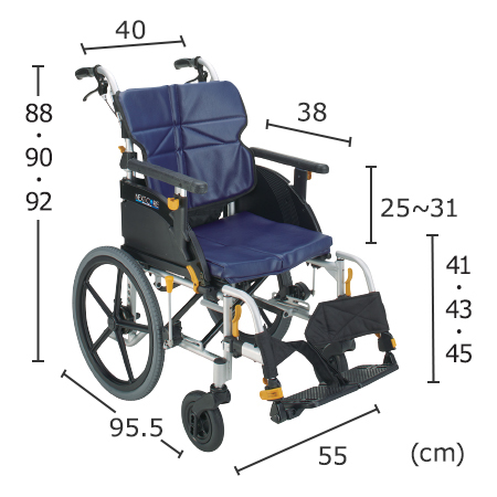 オリジナル車いす介助式多機能タイプ DHR CORE-61B HB サイズ：全高：88・90・92cm、全長：95.5cm、全幅：55cm、前座高：41・43・45cm、肘掛け高（ひじかけだか）：25～31cm、シート幅：40㎝、シート奥行：38㎝