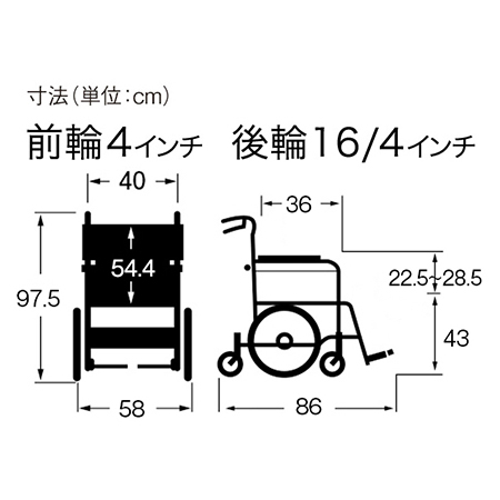 車いす自走式（じそうしき）ネクストコア くるり NEXT-71B サイズ：全高：97.5㎝、全長：86㎝、全幅：58㎝、前座高：43㎝、肘掛け高（ひじかけだか）：22.5～28.5㎝、前輪4インチ、後輪22/4インチ