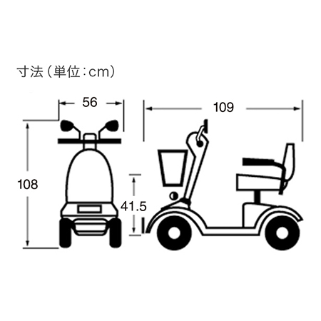 電動カート 遊歩（ゆうほ）スキップneo サイズ：全高：108㎝、全長：109㎝、全幅：56㎝