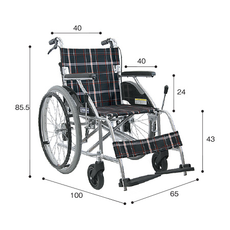 車いす自走式（じそうしき） KV22-40SB サイズ：全高：85.5㎝、全長：100㎝、全幅：65㎝、前座高：43㎝、肘掛け高（ひじかけだか）：24㎝