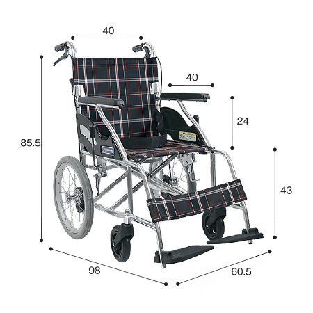 車いす介助式 KV16-40SB サイズ：全高：85.5㎝、全長：98㎝、全幅：60.5㎝、前座高：43㎝、肘掛け高（ひじかけだか）：24㎝