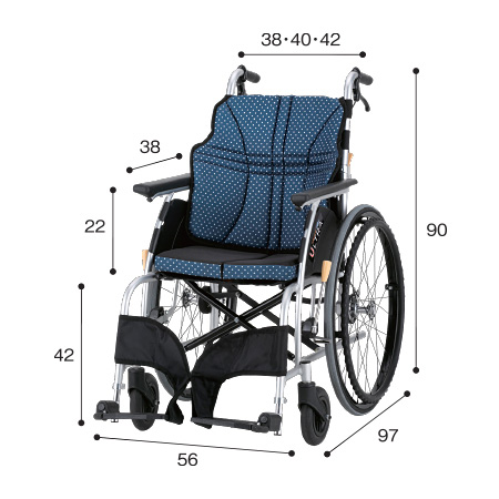 車いす自走式（じそうしき） NA-U1エアリー仕様 サイズ：全高：90㎝、全長：97㎝、全幅：56㎝、前座高：42㎝、肘掛け高（ひじかけだか）：22㎝