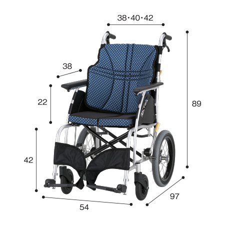 車いす介助式 NAH-U1エアリー仕様 サイズ：全高：89㎝、全長：97㎝、全幅：54㎝、前座高：42㎝、肘掛け高（ひじかけだか）：22㎝