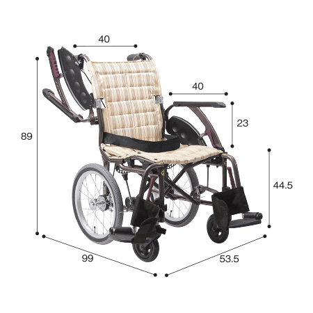 車いす介助式 ウェイビットプラス WAP16-40A サイズ：全高：89㎝、全長：99㎝、全幅：53.5㎝、前座高：44.5㎝、肘掛け高（ひじかけだか）：23㎝