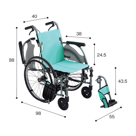 車いす自走式（じそうしき） CRT-7 サイズ：全高：88㎝、全長：98㎝、全幅：55㎝、前座高：43.5㎝、肘掛け高（ひじかけだか）：24.5㎝
