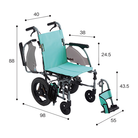 車いす介助式 CRT-8 サイズ：全高：88㎝、全長：98㎝、全幅：55㎝、前座高：43.5㎝、肘掛け高（ひじかけだか）：24.5㎝