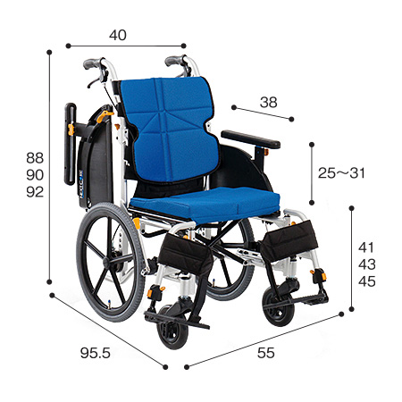 車いす介助式 ネクストコア アジャスト NEXT-61B サイズ：全高：88・90・92㎝、全長：95.5㎝、全幅：55㎝、前座高：41・43・45㎝、肘掛け高（ひじかけだか）：25～31㎝