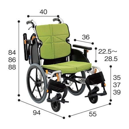 車いす介助式 ネクストコア ミニモ NEXT-60B サイズ：全高：84・86・88㎝、全長：94㎝、全幅：55㎝、前座高：35・37・39㎝、肘掛け高（ひじかけだか）：22.5～28.5㎝