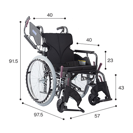 モダンB 車いす自走式（じそうしき） KMD-B22-40-M サイズ：全高：91.5㎝、全長：97.5㎝、全幅：57㎝、前座高：43㎝、肘掛け高（ひじかけだか）：23㎝