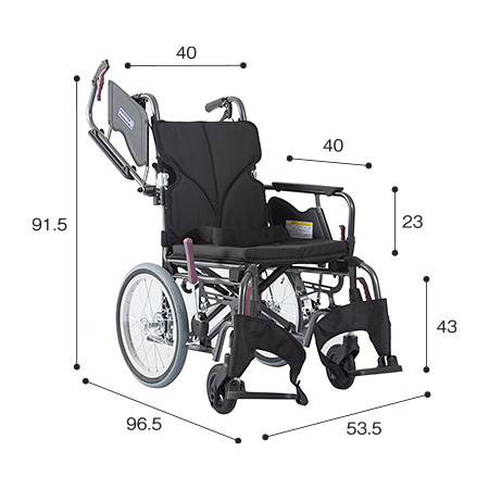 モダンB 車いす介助式 KMD-B16-40-M サイズ：全高：91.5㎝、全長：96.5㎝、全幅：53.5㎝、前座高：43㎝、肘掛け高（ひじかけだか）：23㎝