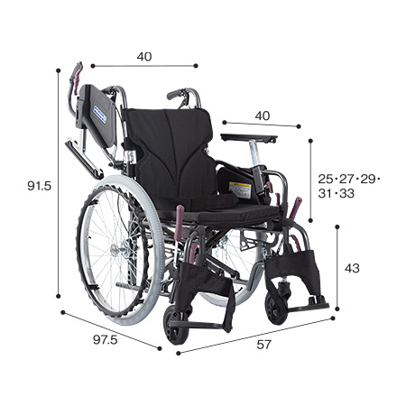 モダンC 車いす自走式（じそうしき） KMD-C22-40-M サイズ：全高：91.5㎝、全長：97.5㎝、全幅：57㎝、前座高：43㎝、肘掛け高（ひじかけだか）：25・27・29・31・33㎝