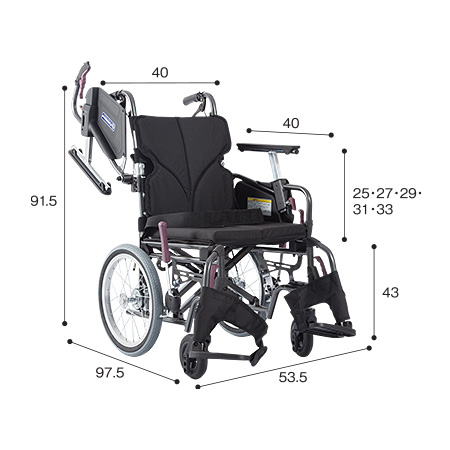 モダンC 車いす介助式 KMD-C16-40-M サイズ：全高：91.5㎝、全長：97.5㎝、全幅：53.5㎝、前座高：43㎝、肘掛け高（ひじかけだか）：25・27・29・31・33㎝