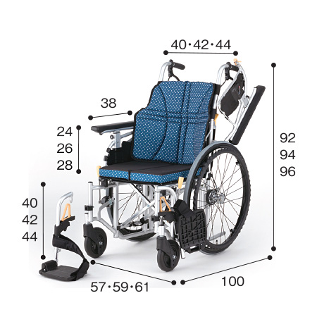 車いす自走式（じそうしき） フルモジュール NA-U7 サイズ：全高：92・94・96㎝、全長：100㎝、全幅：57・59・61㎝、前座高：40・42・44㎝、肘掛け高（ひじかけだか）：24・26・28㎝