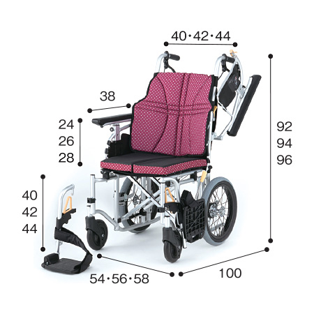 車いす介助式 フルモジュール NAH-U7 サイズ：全高：92・94・96㎝、全長：100㎝、全幅：54・56・58㎝、前座高：40・42・44㎝、肘掛け高（ひじかけだか）：24・26・28㎝