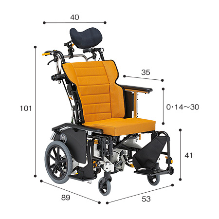 マイチルト・ミニ3D MH-SR サイズ：全高：101㎝、全長：89㎝、全幅：53㎝、前座高：41㎝、肘掛け高（ひじかけだか）：0・14～30㎝
