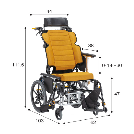 マイチルト・グラン3D MH-GR サイズ：全高：111.5㎝、全長：103㎝、全幅：62㎝、前座高：47㎝、肘掛け高（ひじかけだか）：0・14～30㎝