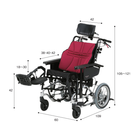 車いす REDWOODⅢSP サイズ：全高：105～121㎝、全長：109㎝、全幅：60㎝、前座高：42㎝、肘掛け高（ひじかけだか）：18～30㎝