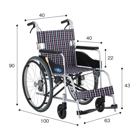 車いす自走式（じそうしき） NEO-1 ワンストップブレーキ仕様 サイズ：全高：90㎝、全長：100㎝、全幅：63㎝、前座高：43㎝、肘掛け高（ひじかけだか）：22㎝