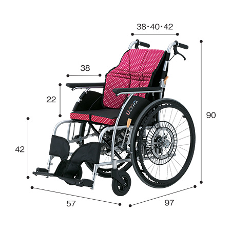 車いす自走式（じそうしき） NA-U1+GGuard-2パッケージ サイズ：全高：90㎝、全長：97㎝、全幅：57㎝、前座高：42㎝、肘掛け高（ひじかけだか）：22㎝