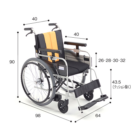 車いす自走式（じそうしき） とまっティ MBY-47B サイズ：全高：90㎝、全長：98㎝、全幅：64㎝、前座高：43.5㎝（クッション除く）、肘掛け高（ひじかけだか）：26・28・30・32㎝