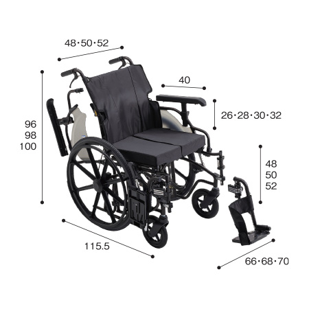 車いす自走式（じそうしき） KJP-5 サイズ：全高：96・98・100㎝、全長：115.5㎝、全幅：66・68・70㎝、前座高：48・50・52㎝、肘掛け高（ひじかけだか）：26・28・30・32㎝