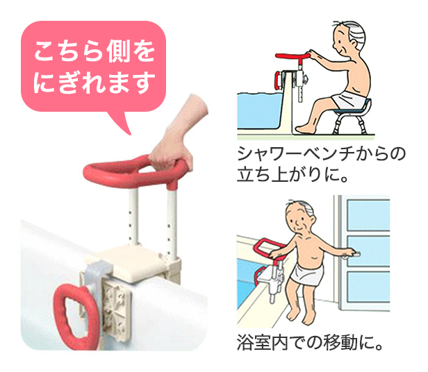 洗い場での動作補助。シャワーベンチからの立ち上がり・浴室内での移動の補助に。