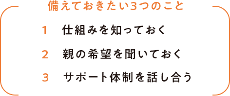 備えておきたい3つのこと
1　仕組みを知っておく
2　親の希望を聞いておく
3　サポート体制を話し合う