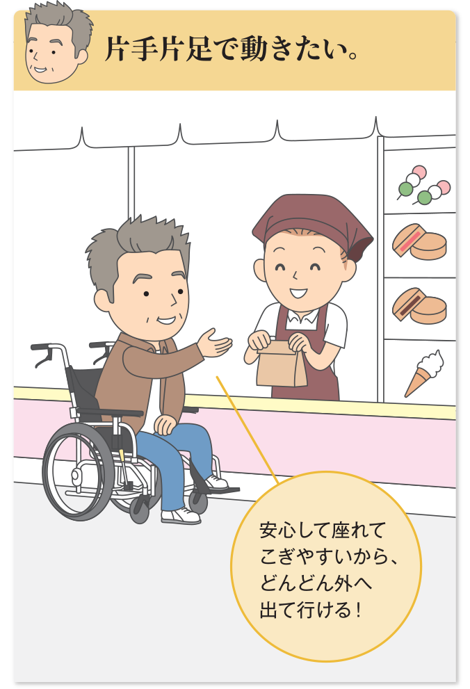 片手片足で動きたい。安心して座れてこぎやすいから、どんどん外へ出て行ける！