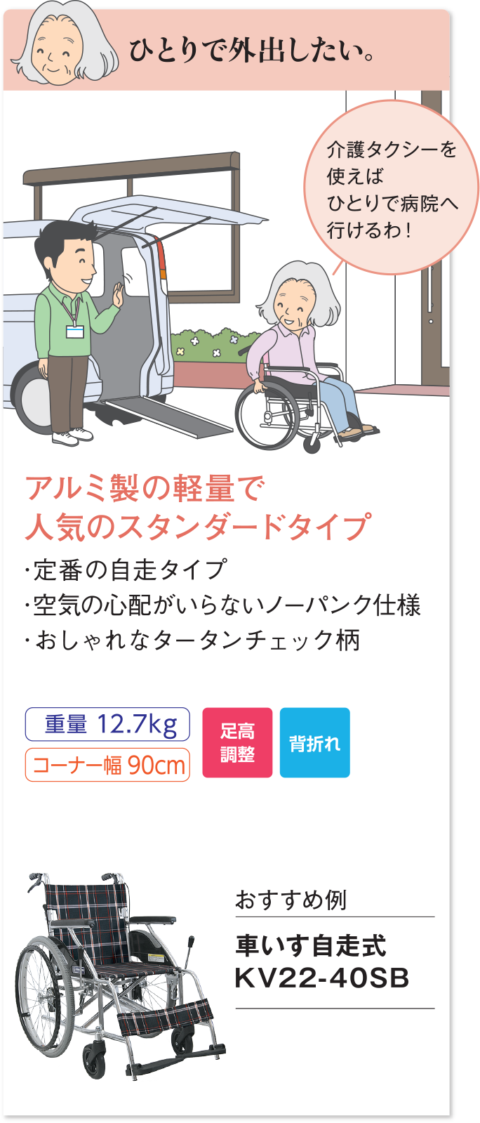 一人で外出したい。介護タクシーを使ってひとりで通院など。アルミ製の軽量で人気のスタンダードタイプ おすすめ例：車いす自走式（じそうしき） KV22-40SB